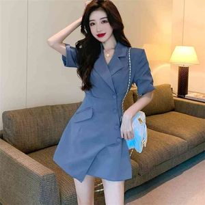 Mulheres Blazer vestido estilo coreano verão moda elegante escritório senhora entalhada manga curta alta cintura fina 210519