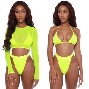 Neon Gul Crop Top Badkläder Kvinnor Sommar Sexig Beachwear Mesh Långärmad Omslag Ups Tre Piece Baddräkt Bikini Set 210625