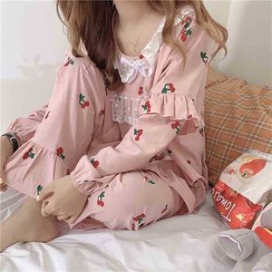Moda Baskılı Ev Giysisi Kore Tatlı Prensesler Chic Öğrenciler Yüksek Kalite Tüm Maç Gevşek Pijama Setleri 210525