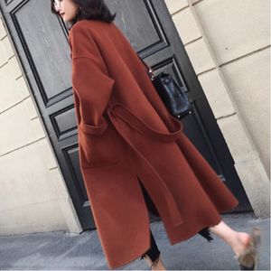 Vår tjock varm minimlista lång ytterkläder Korea full ärm nedbrytning krage plus storlek woolen coat ql286 210510