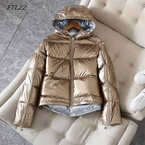 Winter Jacket Women Gold Silver Double Sided Down Coat Hooded White Duck Parkas Female Warm Snow Waterproof Outerwear 210430