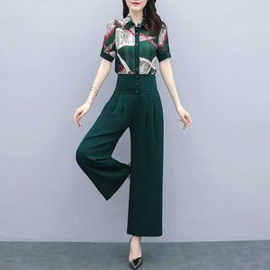 Plus Size Chiffon Pants Wide-Legged Pants Summer Fashion Blusa de Impressão Grande + Conjuntos de Duas Peças 210531