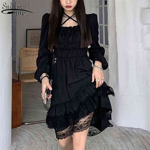 Black Party Dress Kobiety Nieregularne Japonia Styl Kawaii Gothic Lolita Kobiet Koronki Ruffles Rękaw Puff Summer ES 13244 210427