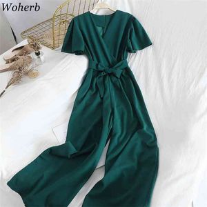 Summer Casual Short Sleeve Jumpsuit Women Sashes Loose Wide Leg Playsuit Ladies Overalls Party Club Fashion Jumpsuits 210519