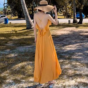 Mode designer bohemian maxi klänning ljusgul sexig öppen back backless ruffles chiffong långa klänningar plus storlek 210513
