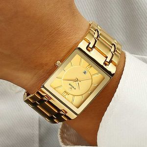 WWOOR Luxury Mens Watches Gold Square Quartz Watch Men Top Brand Date Clock Waterproof Golden Bracelet Business Male Wrist Watch 210527