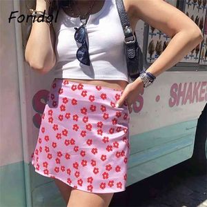 Flower print satin skirts womens summer beach pink high waist A-line mini fashion chic floral faldas 210427