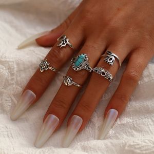 S2661 Fashion Jewelry Knuckle Ring Set Geometric Animal Turtle Elephant Crown Turquoise Stacking Rings Set 6 st/set