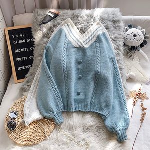 H.SA Korean Style Women Fashion Autumn Pullover and Sweaters Long Lantern Sleeve Button Stitch Oversize Loose Fall Jumpers 210417