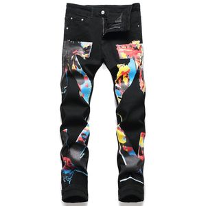 Men's Jeans Young European And American Regular Fit Denim Stretch Print Trend Black Trousers