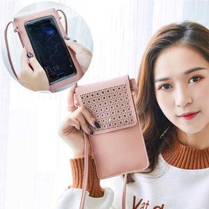 Leather Coin Purses Cell Universal Phone Bag Shoulder Pocket Wallet Pouch Case Neck Strap 2021 Style Hollow Bags For Women