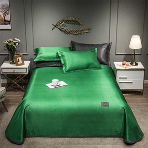 2021 Products Pure Color Embroidered Ice Silk Mat Bed Cover Fitted Sheet Pillowcases 3 Pcs Luxury Bedding Green