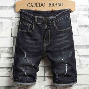 Verão New Men's Rasgado Denim Shorts Moda Casual Estilo Clássico Marca Regular Fit Curto Calças de Jeans Masculino Black Blue 210329