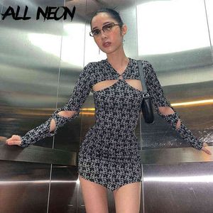 Allneon E-Girl Fashion Floral Print Black Cut-Out Dress 90S Estetyka Hollow Out Bodycon Z Długim Rękawem Sexy Mini Dress Clubwear G1214