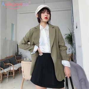 ALEGANTMIS Moda Verde Sólida Streetwear Mulheres Casual Blazer Jaquetas Feminino Solto Cardigan Pockets Casacos Escritórios Senhoras Blazers 210607