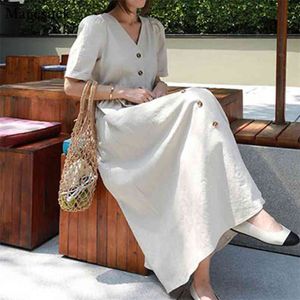 Maxi Dress Summer Solid Short Sleeve Elegant V-neck Vintage Women Cotton Linen Long es For Vestido 9966 210427