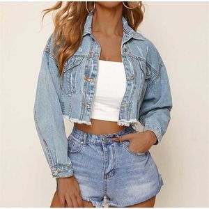 Höst Burr Frayed Denim Women Short Coat Långärmad Turn-Down Collar Candy Färg Kvinna Jacka Vintage Streetwear Lady Outwear 211014