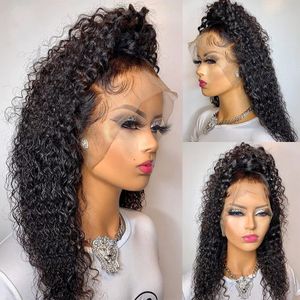 キンキーロングカーリーブラジルの髪13x4黒人女性のための合成レースフロントウィッグ360正面ウィッグglules