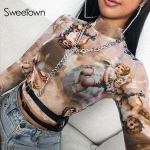 Sweetown Estate 2020 Kawaii Maglia Crop Top Maglietta Mitologia Greca Angelo Stampa Vedere Attraverso Top Donne Sexy Camicia da Spiaggia Trasparente Y0629