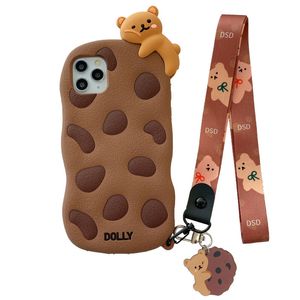 3D Cute Cartoon Chocolate Cookie Biscuit Bear Cell Phone Cases for iphone Pro Max Xr X Plus Soft Silicone Lanyard Rope Cover
