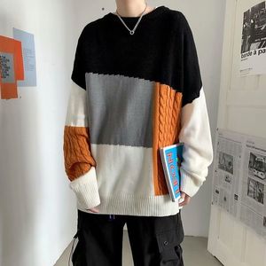 Kontrasttröjor Män Colorblock Patchwork Höströja Mens Pullover Casual Warm Loose Oversized Splice Sticked Streetwear 210524