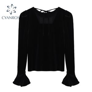 Francês Vintage Black Mulheres Blusa Lace-Up design flare camisa de manga longa ou tops elegante festa de flanela ollzzang blusas 210515