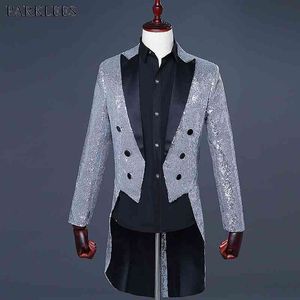 Męskie Sliver Cekiny Glitter Blazer Jacket Mężczyźni Klub Nightclub Party Wedding Tailcoat Garnitur Mężczyźni Gorgeous Punk Costume Homme 210522