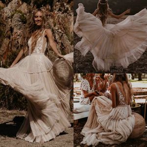 Nude Champagne Wedding Gowns 2021 Deep V Neck Bohemia Whimsical Country Bridal Dress Lace Appliqued Sexy Backless Beach Boho Garden Vestidos De Noiva AL8989