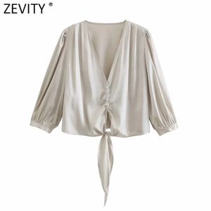 Kvinnor Fashion V Neck Hem Bow Bundet Kort Smock Blus Kvinna Puff Sleeve Chic Satin Shirts Business Femininas Tops LS9003 210420