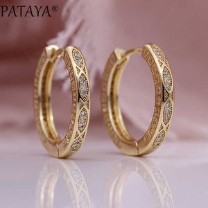 Pataya 585 Rose Gold Circle Drop Earrings Kvinnor Bröllop Smycken Vit Rund Naturlig Zircon Luxury Fashion Retro Grid Örhänge