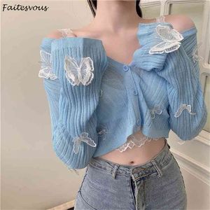 Butterfly Knit Cardigan Korean Sexy V-Neck Fitness Crop Tops Ladies Summer Thin Long Sleeved Sunscreen Jackets 210914