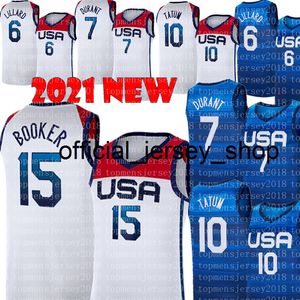 Devin 15 Booker Jersey 2021 National Team Basketball Kevin 7 Durant Damian 6 Lillard Jayson 10 Tatum Maglie Bianco Blu Uomo S-XXL