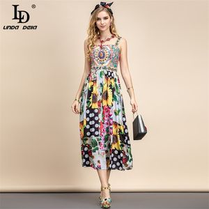 Летняя мода взлетно-посадочная полоса праздник элегантное платье женщины спагетти ремешок цветочные печати лоскутная вечеринка MIDI 210522
