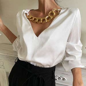 VKBN Shirt Womens Spring Summer V-Neck Long Sleeve Metal Chain Blouses Tops for Women Fashion White and Black 210507