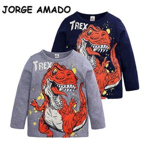 Commercio all'ingrosso primavera ragazzi t-shirt o-collo cotone dinosauro maniche lunghe bambini vestiti di moda E7909 210610