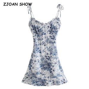 Französisch Sommer Blau Weiß Blumen Vorne Geraffte Bandage Spaghetti Strap Mini Kleid Retro Sexy Schnürung Up Sling Rüschen Kleider 210429