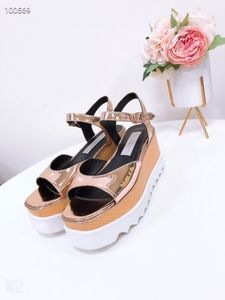 Stella Mccartney Women Patent Leather Rose Gold Sandals Platform Lady Shoes 7cm Wedge Wooden Grain Buckle