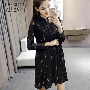 Fashion woman dresses spring casual plus size print chiffon womens clothing long sleeve Pleated women 2186 50 210506