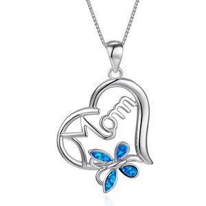Hanger Kettingen Blauw Wit Opaal Butterfly Mom Ketting Rose Goud Zilver Kleurenketting Voor Dames Hart Moederdag Gift