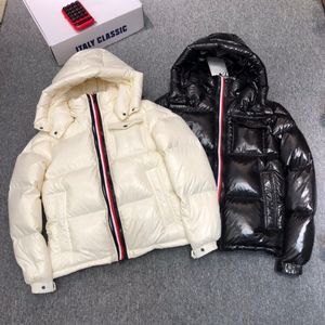 Men Nylon Down Short Jacket Shiny Laque Full Rib Sleeve Designer Gentleman Removed Hood Welt Pocket Zipper Snap Warm Coat