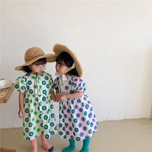 Kore tarzı küçük prenses pamuk çiçek elbise çocuklar için sevimli kızlar kısa kollu rahat yaz 210615