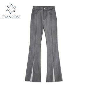 Женские серые джинсовые брюки ретро Y2K подол сплит длинные женские высокие талии свободные ROK RELACK ULZZANG джинсы брюки 210515