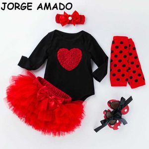 Set compleanno bambina pagliaccetto body + gonna TUTU + calzini + scarpe + fascia in cotone 5 pezzi abiti nati vestiti YK021 210610