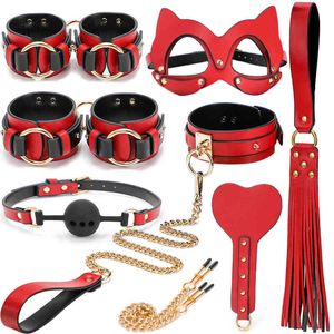 Black Wolf Red Upscale Genuine Leather Restraint Cosplay Bondage Set SM Handcuff Gag frusta Morsetti per capezzoli Giochi per adulti