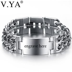 V.YA Wide Wristband Chain Men Boy Punk Stainless Steel Fashion Engraved Name ID Unique Bracelets Bangle for Male