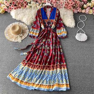 Spring Bohemian National Wind Maxi Vestidos Female V-neck Puff Sleeve Embroidery Temperament Big Dress GK463 210506
