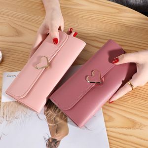 Cute PU Leather Heart-Shaped Decoration Long Multi-Card Purse Buckle Clutch Mobile Phone Student Women'S Wallet