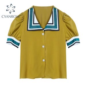 Camicetta Donna Vintage Colletto da marinaio Puff Manica corta Giallo Estate Donna Top Bottoni in raso Stripe Blusas Camicia coreana Abbigliamento 210515