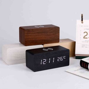 Moderner hölzerner Wecker, Holz-LED-Wecker, Desktop-Tisch, digitales Thermometer, kabelloses Ladegerät mit Qi-Wireless-Ladepad 211111