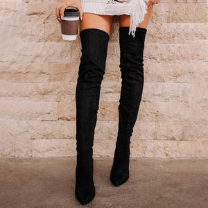 2021 Ladies Shoes High Heels Women Over The Knee Boots Scrub Black Pointed Toe Motorcycle Boots Winter Boots Women Y0914
